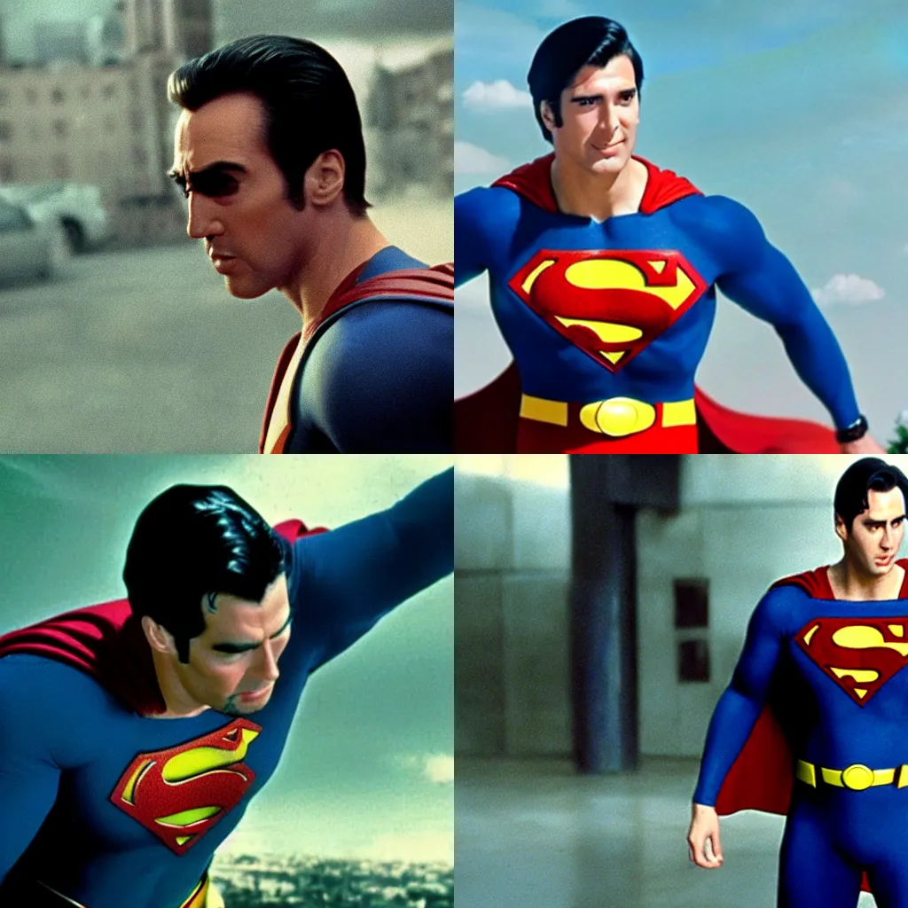 Prompt: a still of superman played by nic cage (1999, dir. Tim Burton)