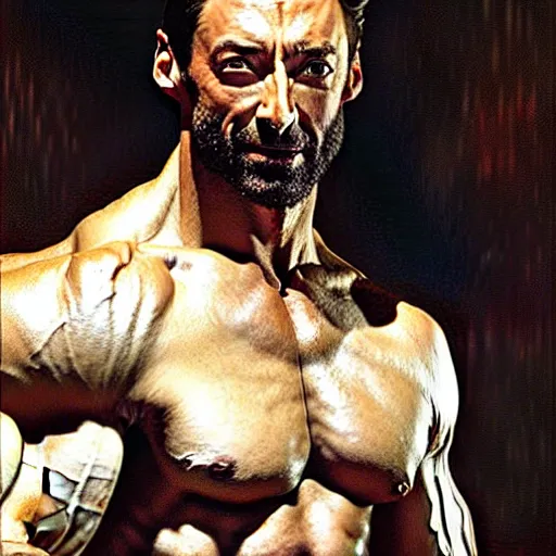 Image similar to muscular hugh jackman performs on broadway, painting by gaston bussiere, craig mullins, j. c. leyendecker, tom of finland