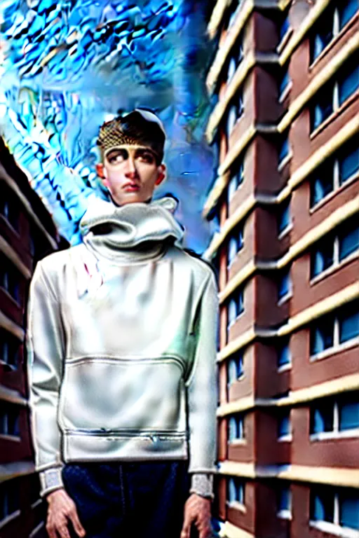 Image similar to un ultra high definition studio quality photographic art portrait of a young man standing on the rooftop of a british apartment building wearing soft padded silver pearlescent clothing. three point light. extremely detailed. golden ratio, ray tracing, volumetric light, shallow depth of field. set dressed.