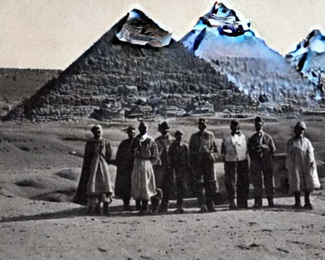 Image similar to a photo from the early 1900s of people standing in front of a UFO, behind them are the Pyramids at Giza