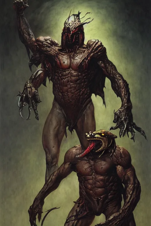 Image similar to the predator in the style of wayne barlowe, gustav moreau, goward, bussiere, roberto ferri, santiago caruso, luis ricardo falero, frazetta