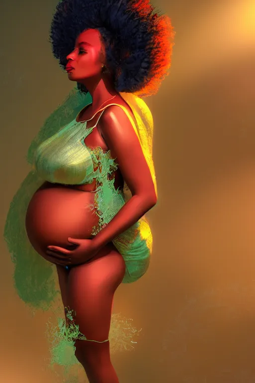 Prompt: gorgeous pregnant lady looks on, afrofuturism style, vibrant matte digital painting, dynamic volumetric lighting, studio lighting, photorealism, trending on artstation