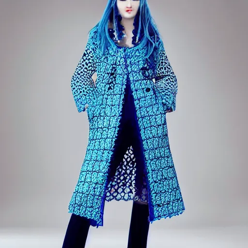 Image similar to fashion 2 0 5 0 fantastic openwork long coat with intricate pattern on a beautiful symmetrical girl with blue hair, hyper realistic photos