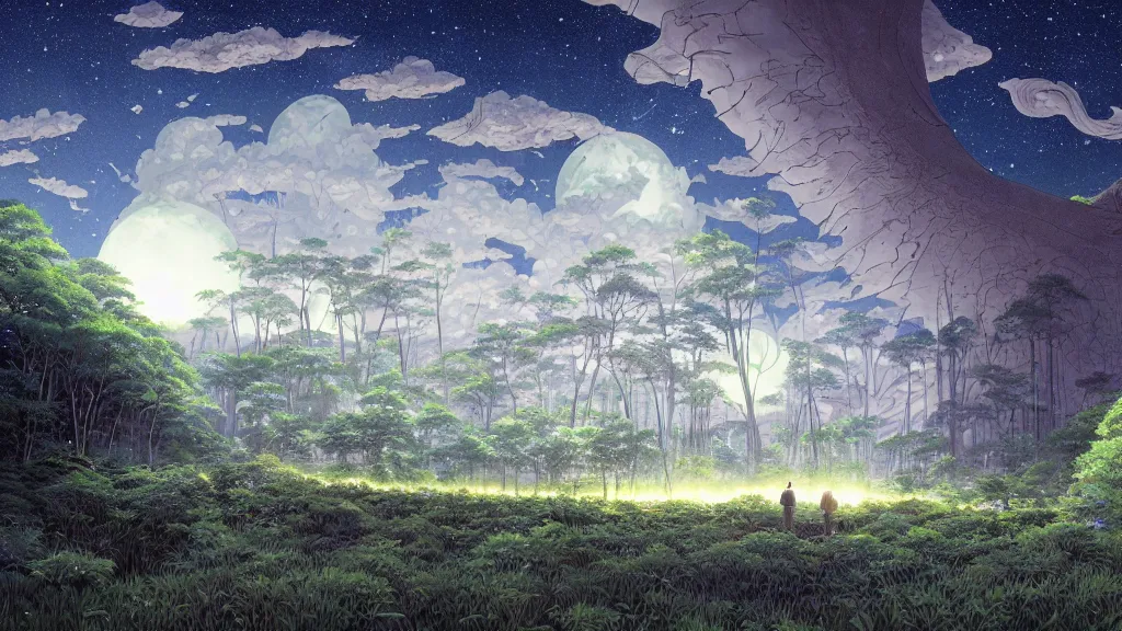 Prompt: highly detailed illustration of a giant forest with fireflies and futuristic white temples at night and lots of cummulonimbus clouds and a spaceship by makoto shinkai, by moebius!, by oliver vernon, by joseph moncada, by damon soule, by manabu ikeda, by kyle hotz, by dan mumford, by kilian eng