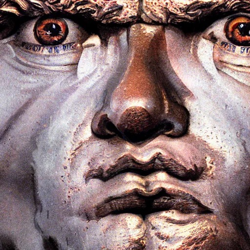 Image similar to a highly detailed epic cinematic concept art CG render digital painting artwork: close up shot of a molten face of a socialist realist statue. Soviet, gloomy, dystopian, night. By Greg Rutkowski, Ilya Kuvshinov, WLOP, Stanley Artgerm Lau, Ruan Jia and Fenghua Zhong, trending on ArtStation, made in Maya, Blender and Photoshop, octane render, excellent composition, cinematic atmosphere, dynamic dramatic cinematic lighting, aesthetic, very inspirational, arthouse