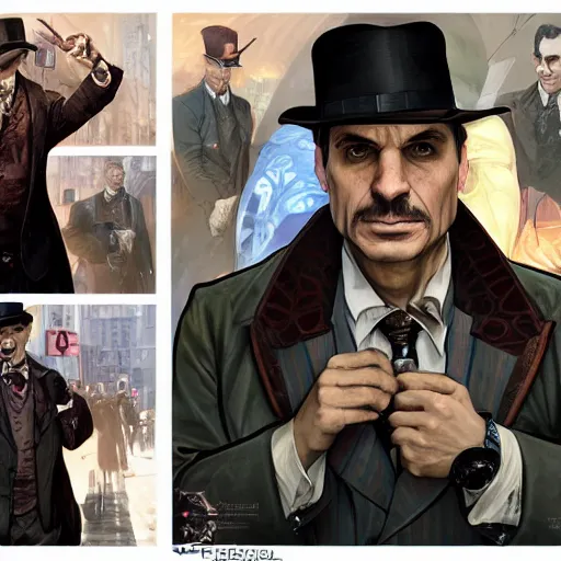 Prompt: [UHD Professor Moriarty as a GTA characters on the streets of futuristic steampunk London, correct faces, intricate, elegant, graphic detail, digital painting, trending on artstation, concept art, tonalism, sharp focus, illustration, art by Todd McFarlane and Greg Rutkowski and Alphonse Mucha]