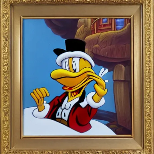 Prompt: a beautiful highly detailed oil,painting of Scrooge Mcduck by Carl Barks