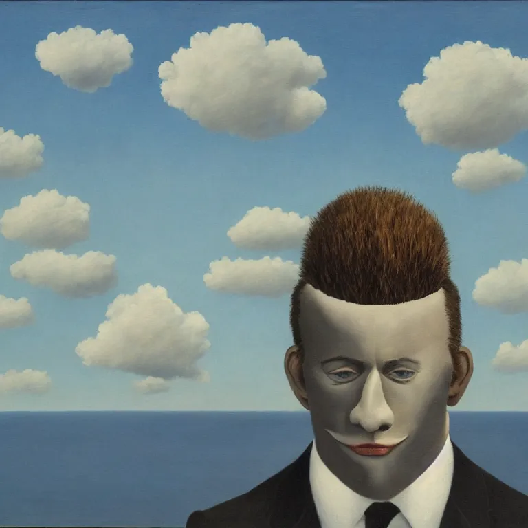 Image similar to portrait of a faceless shadow - head man with long messy fuzzy hair in a suit, clouds in the background, by rene magritte, detailed painting, distance, middle centered, hd, hq, high resolution, high detail, 4 k, 8 k