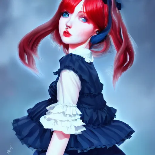 Image similar to a girl wearing lolita clothes, red hair, blue eyes, highly detailed, digital painting, artstation, concept art, smooth, sharp focus, illustration