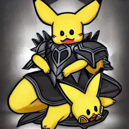 Image similar to Mordekaiser form league of legends sitting on a throne with a pikachu