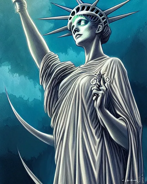 Prompt: Beautiful and playful ethereal lady liberty, art nouveau, fantasy , elegant, highly detailed, sharp focus, art by Artgerm and Greg Rutkowski and WLOP