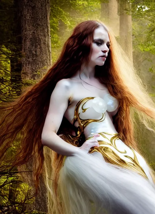 Prompt: beauteous gothic cellist, practical sumptuous white pearlescent with gold, copper, bronze, iridescent titanium in a swirling mist, cinematic forest lighting, lifelike incredible long shimmering flowing hair, crystalline masterpiece incrustations, hyperdetailed face, elegant pose, specular highlights, by victoria frances