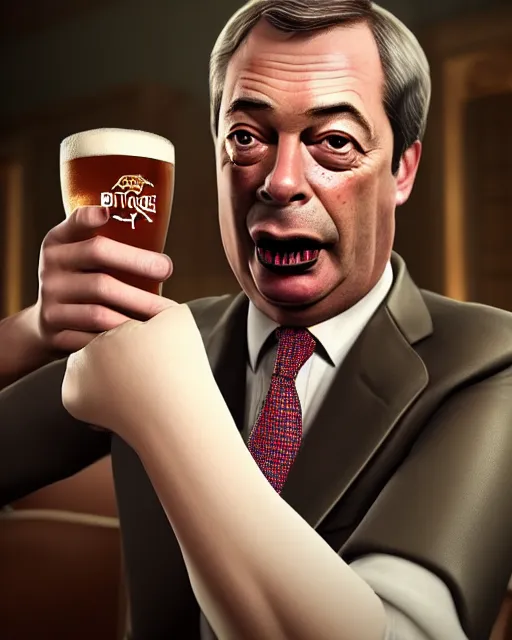 Image similar to Bitter Nigel Farage with a pint on his hand. Unreal engine, fantasy art by Betty Jiang. Faithfully depicted facial expression, perfect anatomy global illumination, radiant light, detailed and intricate environment