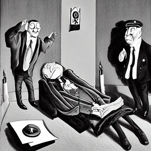 Image similar to the death of captain kangaroo, by charles addams,