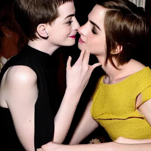 Prompt: anne hathaway kissing emma watson dark room with faces lit by a soft candle light,