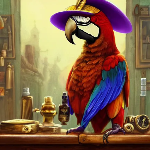 Prompt: Anthropomorphized parrot trader in his shop, selling his wares, portrait, items, weapons, magic potions, carpet, window, fancy hat, sly expression , cunning expression, cute expression, long thick shiny gold beak, presenting wares, holding a gold bag, D&D, fantasy, cinematic lighting, highly detailed, digital painting, artstation, concept art, smooth, sharp focus, illustration, warm light, cozy warm tint, magic the gathering artwork, volumetric lighting, 8k, art by Akihiko Yoshida, Greg Rutkowski