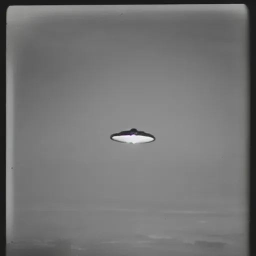 Image similar to polaroid photograph of ufo taken in the sky, hanebau, 1 9 5 0 s, black and white, blurry