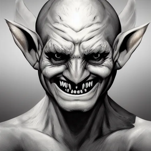 Image similar to headshot of a goblin with a bulbous nose, long ears, black slick hair, a white clouded eye and a scar, wicked smile, greenish skin, dnd illustration, concept character in the style of boris vallejo and jeff easley, digital art, photoshop, trending on artstation,