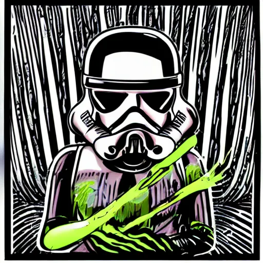 Prompt: pop - wonder - nft alien - meat half - tone - art of a storm - trooper wading through the goopy - muck and slithering about the castle side delights on a melted cheesy day in a hand - drawn vector, svg, cult - classic - comic - style