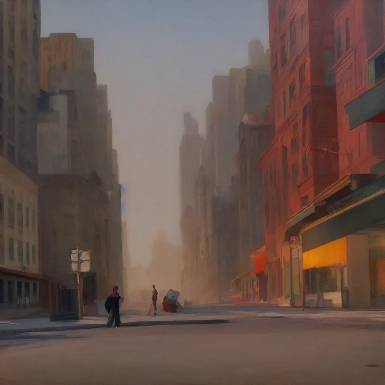 Image similar to trash flowing everywhere, piles of trash, city fog, early morning, , painted by Edward Hopper, painted by Wayne Barlow, airbrush