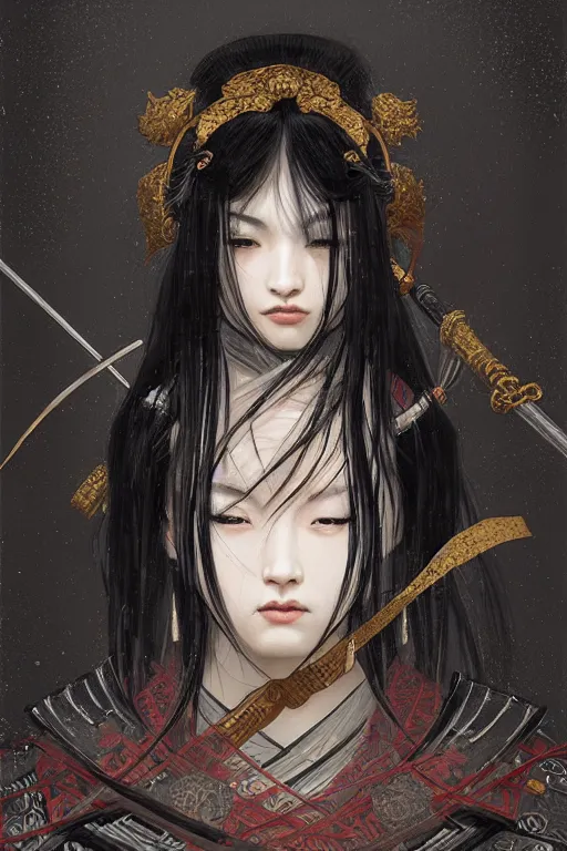 Image similar to portrait black hair samurai girl, armored samurai wardrobe, in fired honnoji temple rainy night, ssci - fi and fantasy, intricate and very very beautiful and elegant, highly detailed, digital painting, artstation, concept art, smooth and sharp focus, illustration, art by tian zi and wlop and alphonse mucha