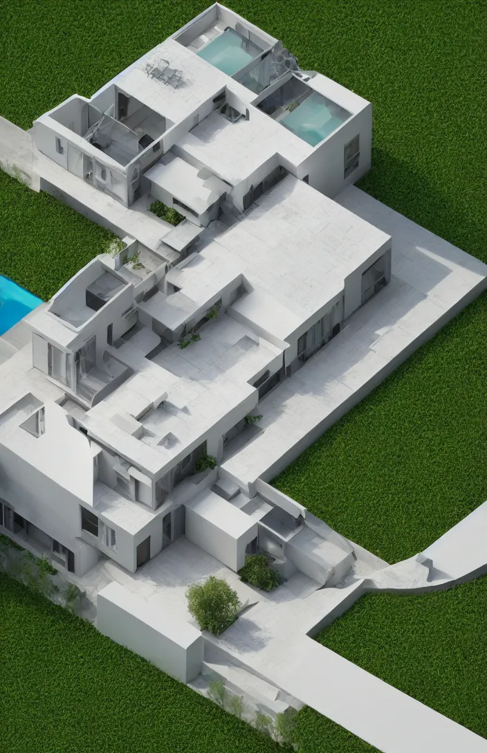 Prompt: architectural model, isometric view, 3 d render, low contrast, single building, three bedrooms house, on a slope, big windows, garage, pool, big tree