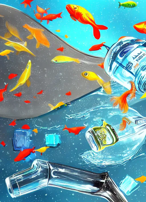 Image similar to the space closed in a bottle of water filled with fishes, trending on art station, very detailed, detailed background