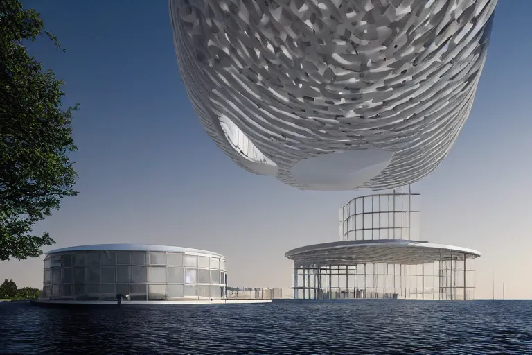 Image similar to a building composed of many white spherical egg shaped circular spaces and boolean combinations stacked together. on the calm lake, people's perspective modern curved architecture, future, wood, marble, metal award winning, highly detailed 4 k art, dusk, unreal engine highly rendered, global illumination, radial light, internal environment by kazuyo sejima