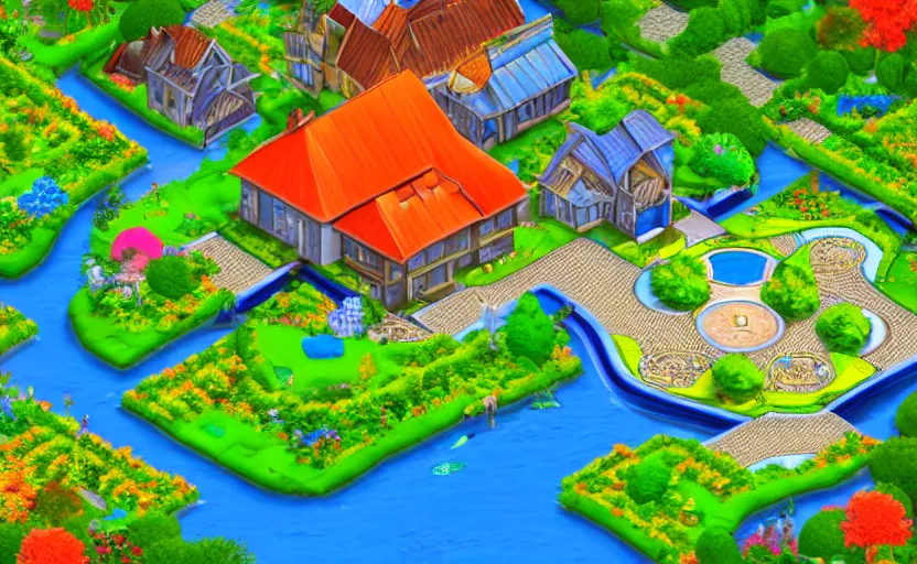 Prompt: beautiful garden, with house in the center, with golden gates, blue! river, isometric view, bright colors, game screenshot