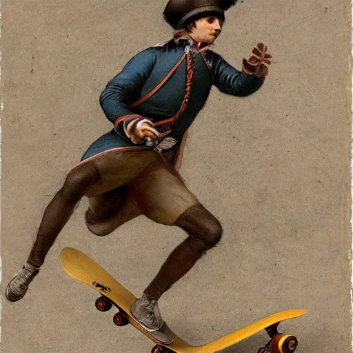 Image similar to napoleon bonaparte skateboarding, sketched by leonardo da vinci, high detail, 4 k