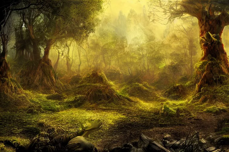Prompt: digitalblasphemy digital blasphemy wallpaper render of an alien forest imaginative dreamworld expansive landscape