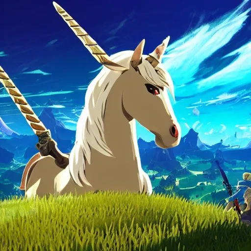 Prompt: beautiful majestic unicorn in the style of legend of zelda breath of the wild, 4 k, hd, hq