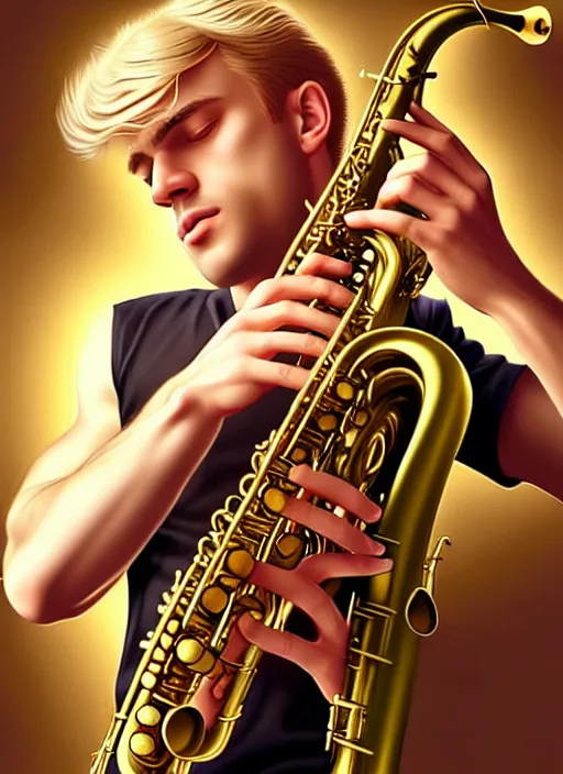 Prompt: photo of a gorgeous young blond man playing sax in the style of stefan kostic, realistic, sharp focus, 8k high definition, insanely detailed, intricate, elegant, art by stanley lau and artgerm