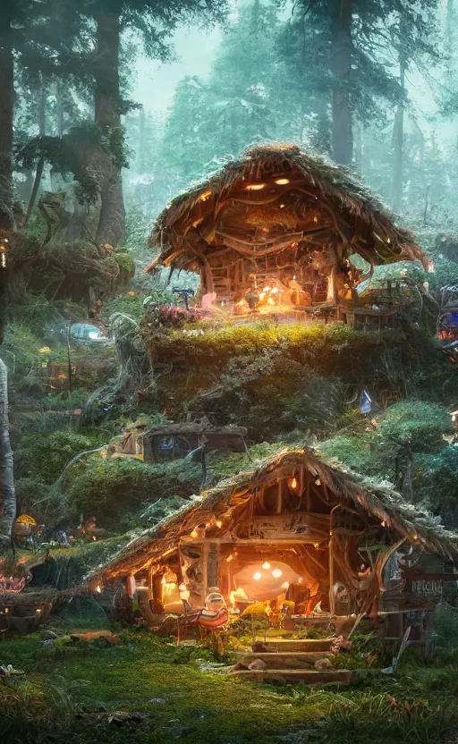 Image similar to a hut made of fur, magical forest, community, robots, electric swirls, furry, soft, concept art, intricate details, highly detailed, photorealistic, disney pixar, octane render, iridescent, anime, 8 k