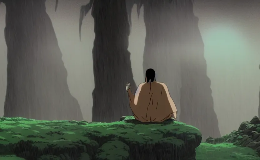 Image similar to a cell - shaded cartoon movie still from princess mononoke ( 1 9 9 7 ) of a giant monk in a grey robe meditating in lotus position in a flooded stonehenge with shafts of sunlight from above. very dull muted colors, hd, 4 k, hq