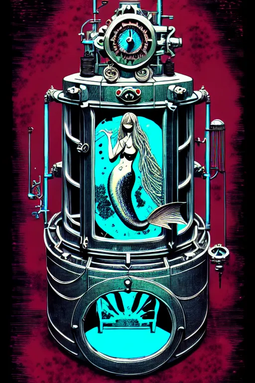 Image similar to steampunk cryo chamber containing a mermaid, high details, intricately detailed, by vincent di fate, inking, 3 color screen print, masterpiece, trending on artstation,, sharp, details, hyper - detailed, hd, 4 k, 8 k