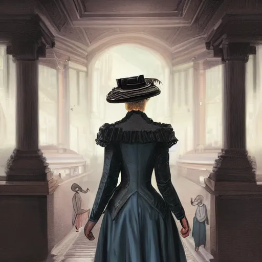 Prompt: portrait of a victorian lady in a futuristic city, from behind, streets, beautiful, hat!, highly detailed, digital painting