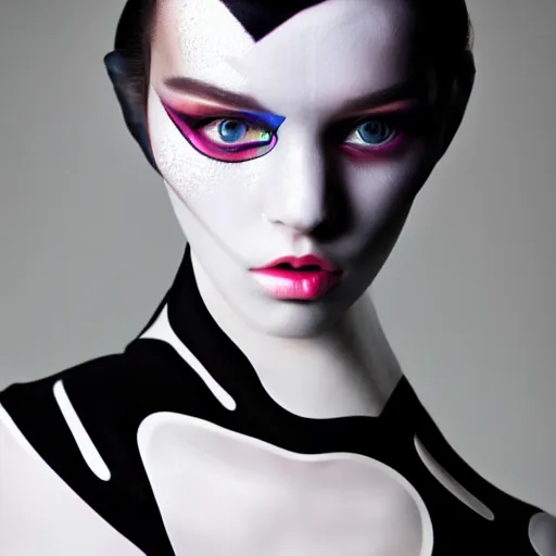 Image similar to high fashion photography of a model in neo futurism white sci - fi makup, transparent cloth, beautifully lit