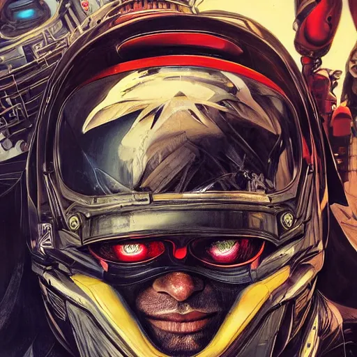 Image similar to a portrait of spawn in a racing helment by sandra chevrier, detailed render, epic composition, cybernetics, 4 k realistic, cryengine, realistic shaded lighting, sharp focus, masterpiece, by matteo scalera, gary montalbano, peter elson in the style of the tokyo ghost comic