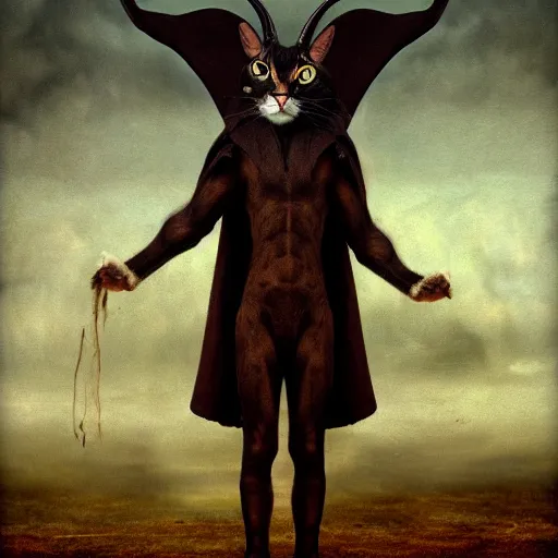 Image similar to a standing cat that has goat horns, anthropomorphic cat wearing dark robes, matte oil painting, by leonardo da vinci, eldritch, magical, fog, noble, full body portrait, extremely detailed, cult, ritual, 4 k, 8 k