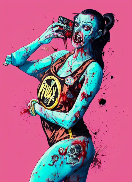 Image similar to zombie full body girl modeling hiphop streetwear drip, tristan eaton, victo ngai, artgerm, rhads, ross draws