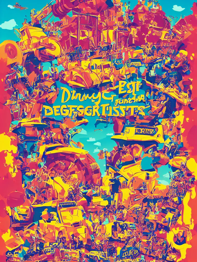 Image similar to poster for a summer festival called diggerfest in the united kingdom, digger land, really good vibes, colorful, construction, friends, center of focus, rule of thirds, trendy, gen z