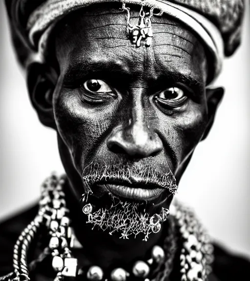 Prompt: portrait of haitian voodoo priest, 3 0 yo with lots of necklaces, contemplative look, dark background, studio light, hdr, nikon 2 4 mm f / 1. 8 g, by sebastiao salgado