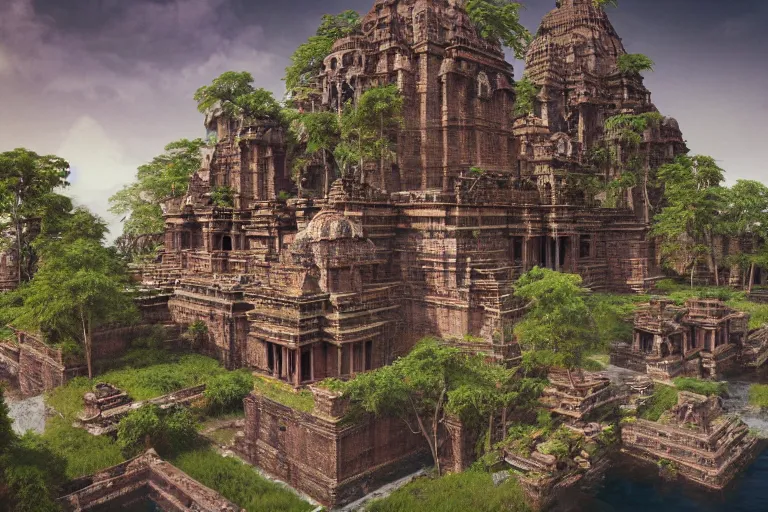 Image similar to photography of a beautiful archipelago of never seen before stunning ancient indian temple and palaces. complex intricate pilars patern, runes. trees water and flowers. afternoon light, inspiring science fiction, intricate, elegant, uplifting, inspirational, unreal engine 5, highly detailed by beksinski