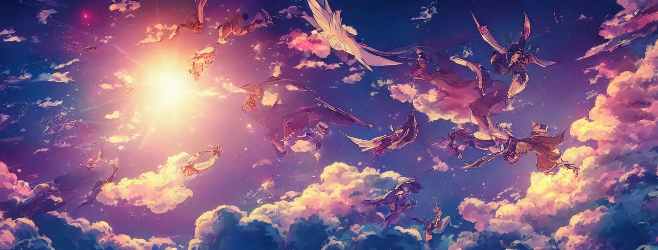 Prompt: souls flying up in a beautiful color night sky. hyperrealistic anime background illustration by kim jung gi, colorful, extremely detailed intricate linework, smooth, super sharp focus, bright colors, high contrast, matte, octopath traveler, unreal engine 5 highly rendered, global illumination, radiant light