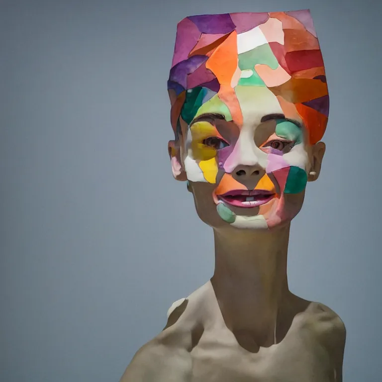 Image similar to beautiful studio photograph of colorful abstract geometric postmodern portrait sculpture of audrey hepburn smiling, made of watercolor - painted plaster on a pedestal by ron mueck and matthew barney and greg rutkowski, hysterical realism intense cinematic lighting shocking detail 8 k