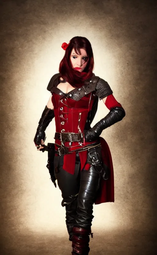 Prompt: epic fantasy d & d female halfling rogue, black hair, red leather corset, cinematic, beautiful lighting, heroic