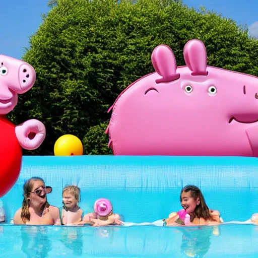 Image similar to a large inflatable float of Peppa Pig in a luxury hotel swimming pool