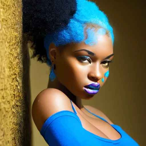 Image similar to a realistic model photoshoot of a black girl with blue afro hair, beautiful, model, professional picture, realistic, 4 k, bright light, portrait