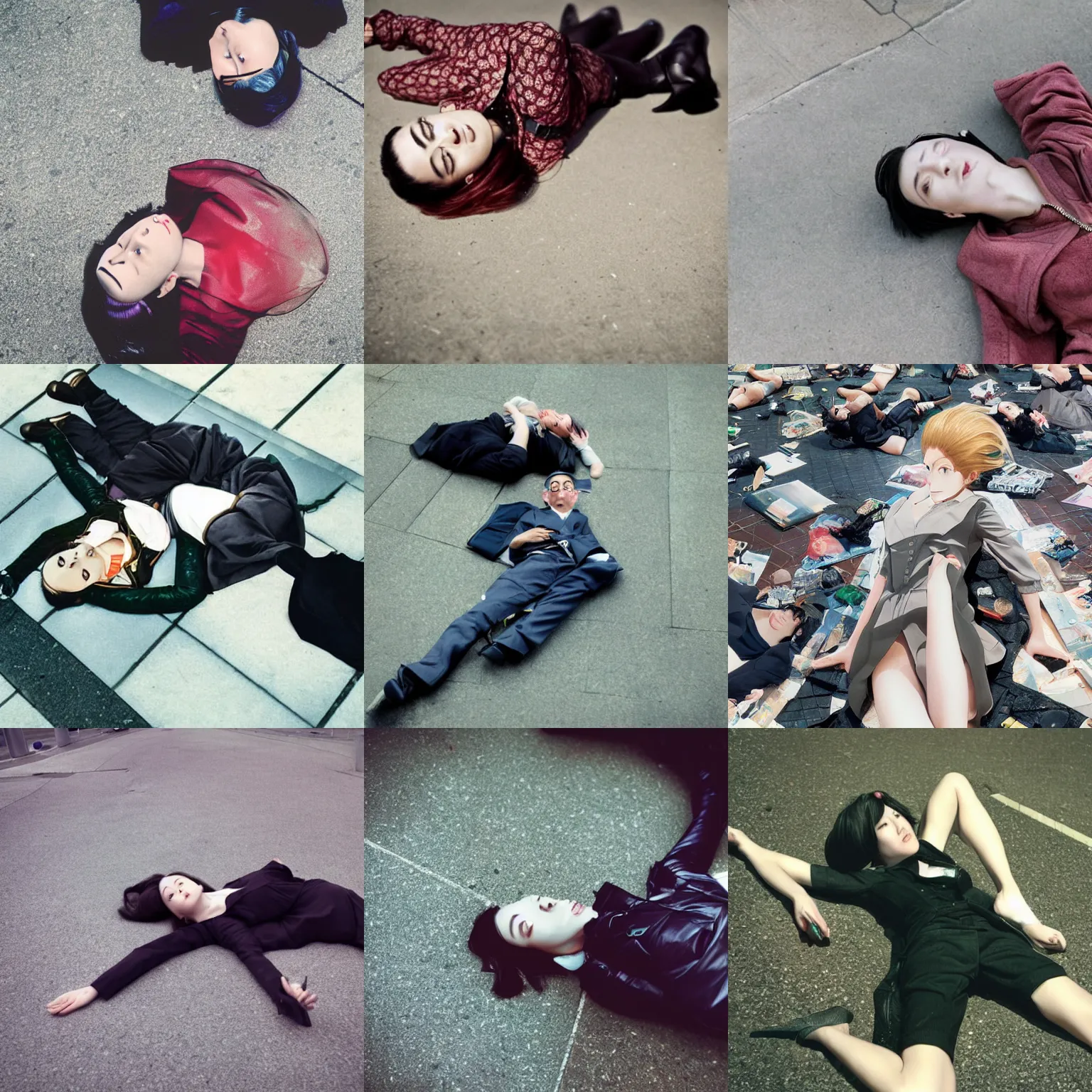 Prompt: beautiful lying on ground portrait photo in style of 1990s frontiers in retrofuturism tokyo seinen manga street photography fashion wachowski edition, highly detailed, focus on pursed lips, eye contact, soft lighting